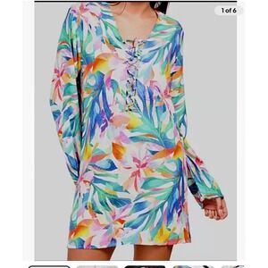 La Blanca Floral Print Lace-Up V-Neck Cover-Up‎ Tunic Dress - M Medium